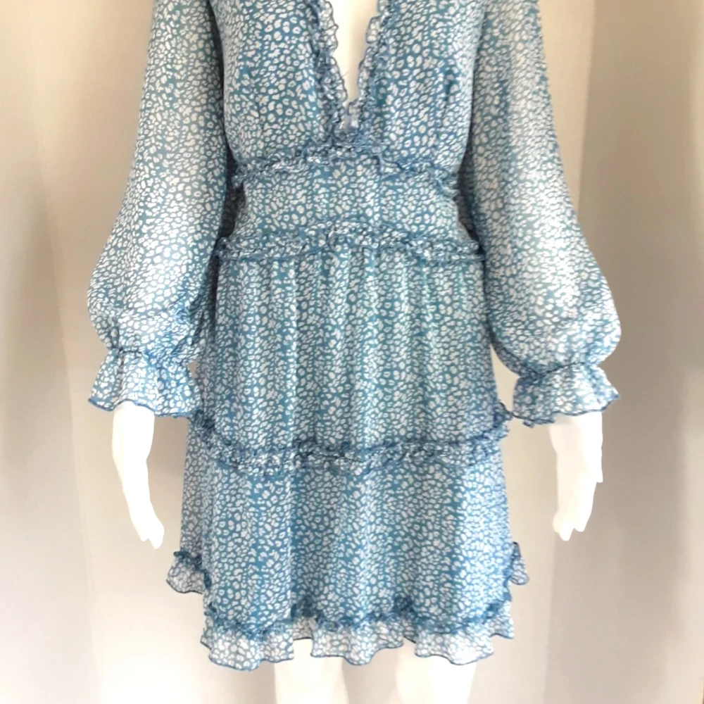 PLUS SZ XL ROMANTIC FRILLY BABY BLUE CUT OUT BACK SEXY DEEP V-NECK DRESS - Picture 4 of 10